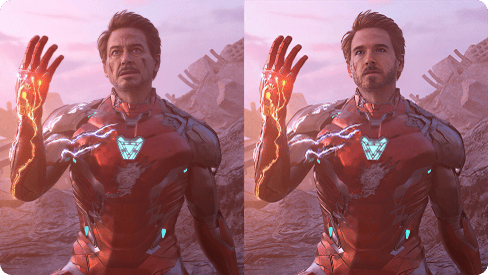 Comparaison entre Iron Man levant une main pour montrer le gant à six diamants et la version avec visage échangé.