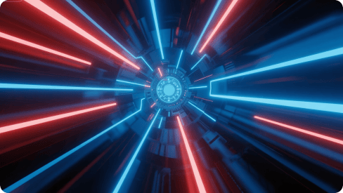 Un tunnel futuriste avec des stries de néons rouges et bleus, créant une impression de mouvement à grande vitesse et une atmosphère high-tech.