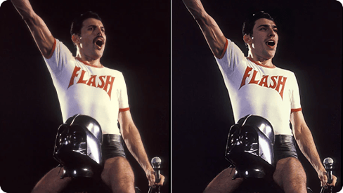 Comparaison entre un chanteur se produisant sur scène, portant un T-shirt « Flash » avec une main levée, et la version visage échangé.