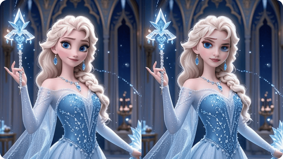 Comparaison entre l'Elsa originale tenant un bâton magique bleu brillant et celle au visage échangé.