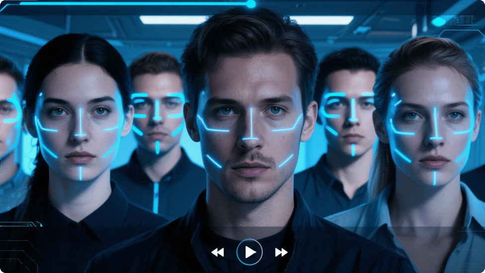 Vue de face d'un groupe de personnes avec des lignes bleues fluo dessinant le contour de leur visage, représentant la technologie de reconnaissance faciale.