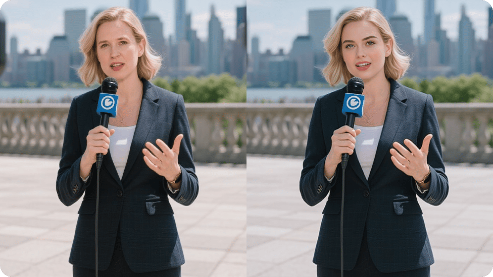 Comparaison entre l'intervieweuse blonde parlant en extérieur et la version avec échange de visages.