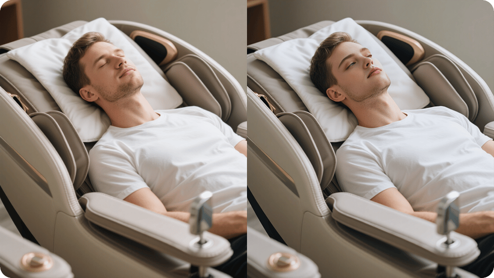 Comparaison entre l'homme allongé sur un fauteuil de massage et la version visage échangé.