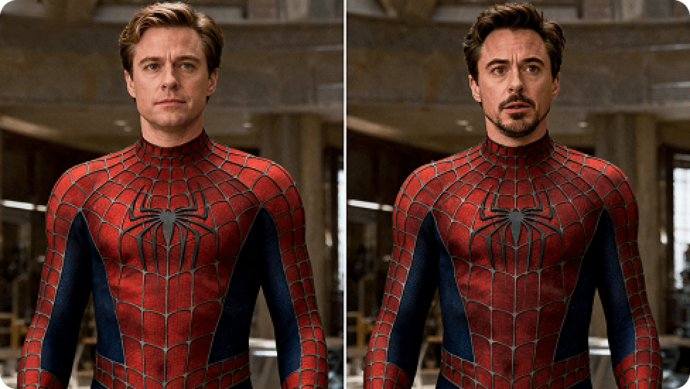 Compaison entre la scène originale de Spiderman et la version avec échange de visage.