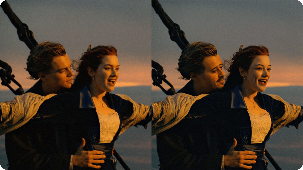 Comparaison entre la scène originale des câlins de Titanic Jack et Rose et celle de l'échange de visages.