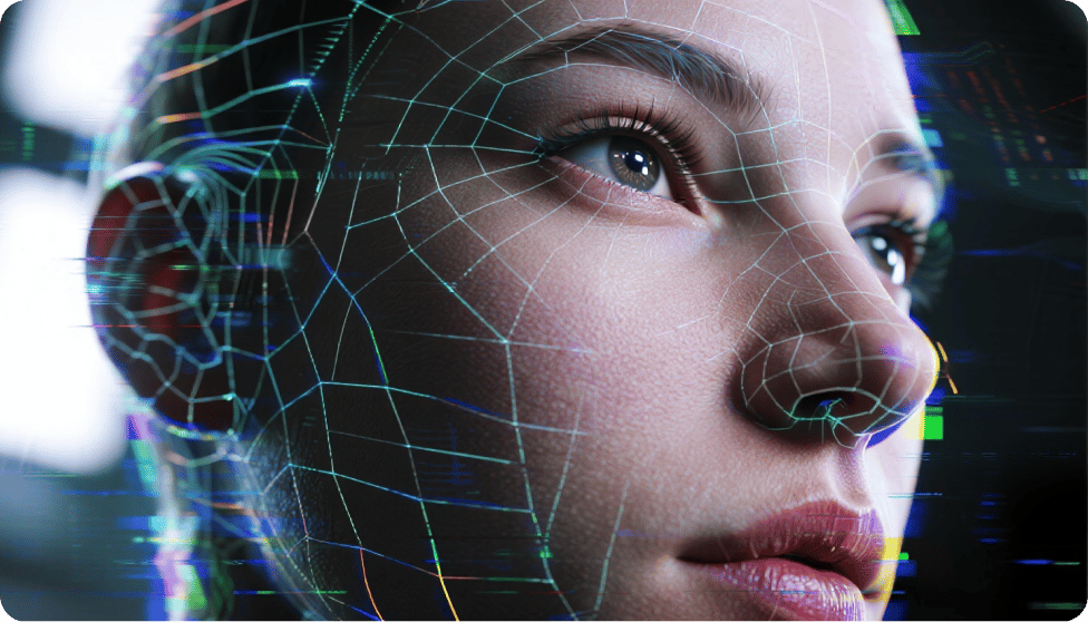 Un visage humain de style filaire, représentant la technologie de reconnaissance faciale.