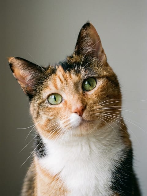 Portrait of a calico cat. Template for AI furry art generator.