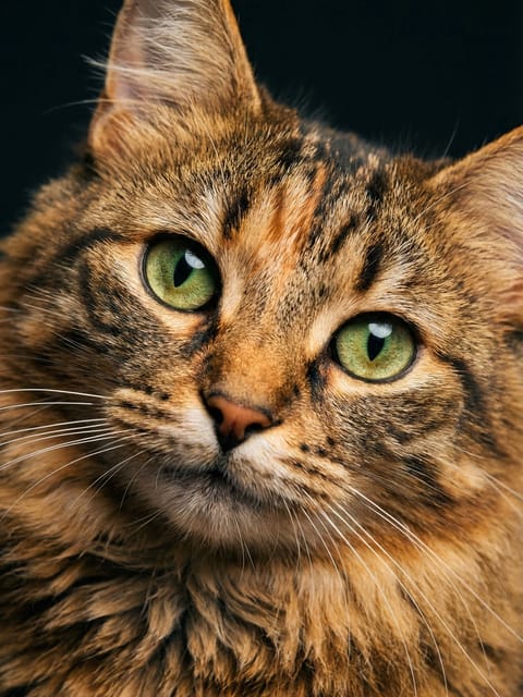 Portrait of a tabby cat tilting its head. Template for AI furry art generator.