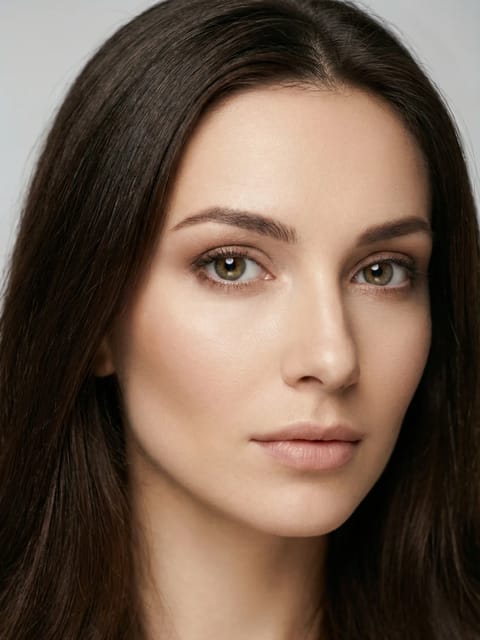 暗いストレートの髪と緑の目を持つ美しいヨーロッパの女性の肖像画。 AI 画像から画像へのテンプレート。