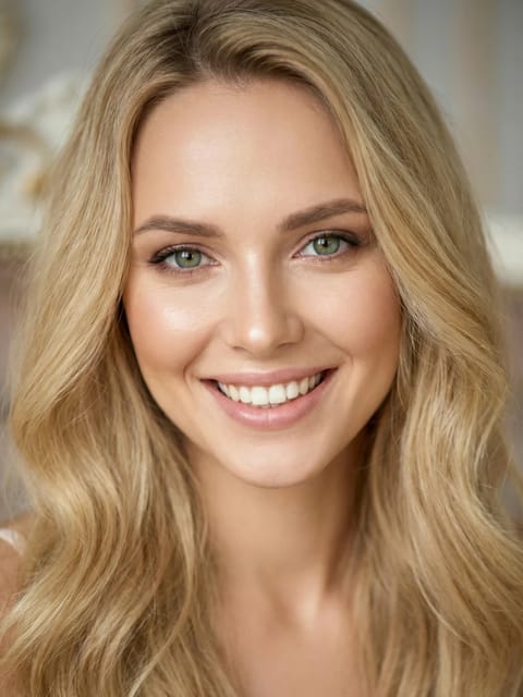 ブロンドのウェーブのかかった髪と緑の目を持つ美しいヨーロッパの女性の肖像画。 AI 画像から画像へのテンプレート。
