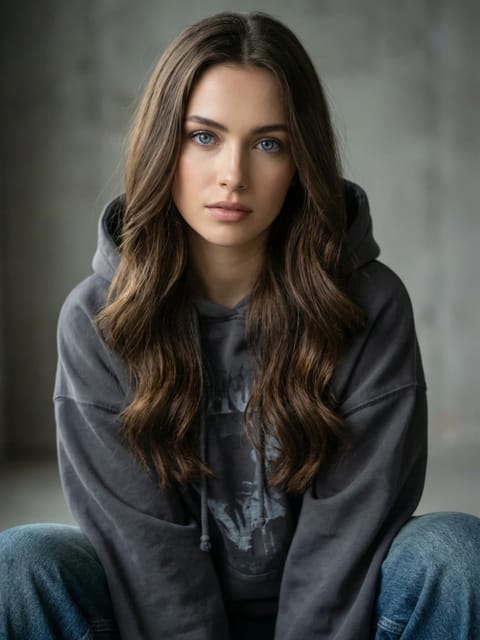 灰色のパーカーとジーンズを着た茶色のウェーブのかかった髪を持つヒッピー女性のポートレート。 AI 画像から画像へのテンプレート。