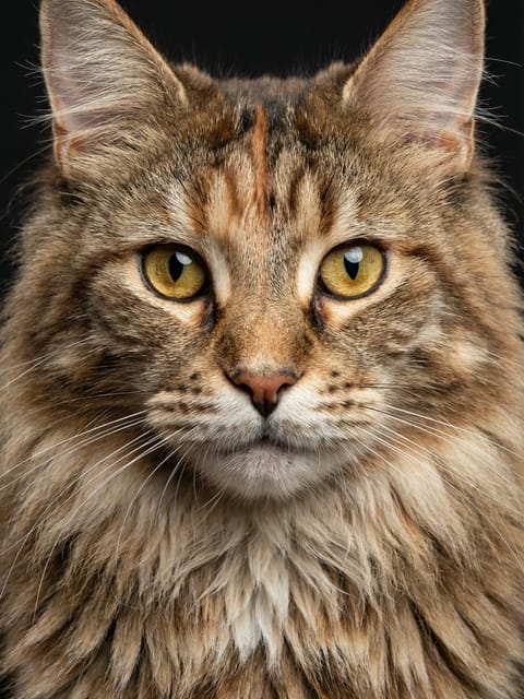 黒い背景にメインクーン猫の肖像画。 AI 画像から画像へのテンプレート。