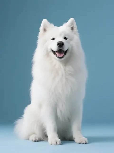 青い背景のサモエドの写真。 AI 画像から画像へのテンプレート。