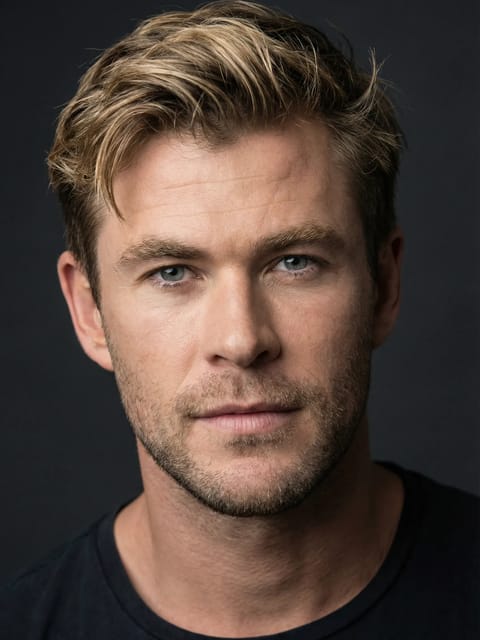 Chris Hemsworthin muotokuva mustalla taustalla. Malli AI-vauvansuodattimelle.