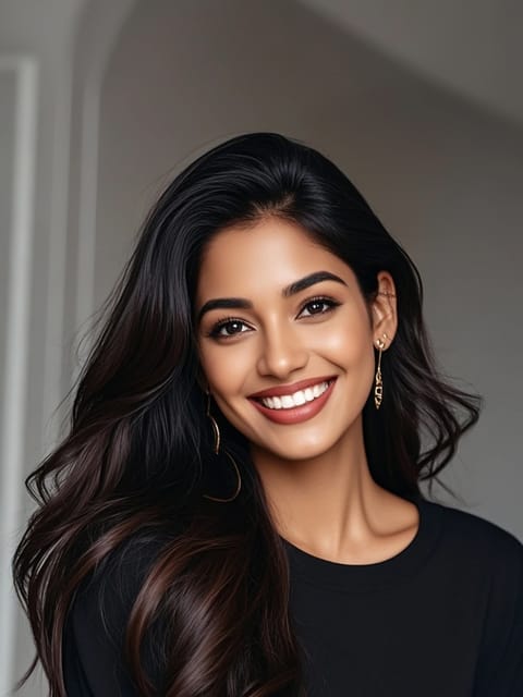 Portrait d'une femme aux cheveux noirs en simple haut noir souriant à la caméra. Modèle pour l'échange de visage d'image.