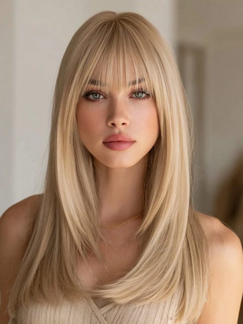 Portrait d'une femme aux cheveux blonds raides et à la frange émoussée en débardeur kaki, posant dans une scène d'intérieur. Modèle pour l'échange de visage d'image.