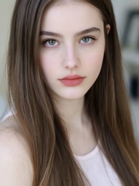 Portrait d'une femme aux cheveux bruns raides en débardeur blanc, posant dans une scène d'intérieur. Modèle pour l'échange de visage d'image.