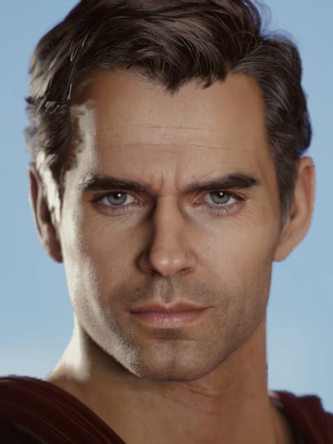Gros plan d'Henry Cavill avec des cheveux ondulés sur le côté et une expression déterminée. Modèle pour l'échange de visage d'image.