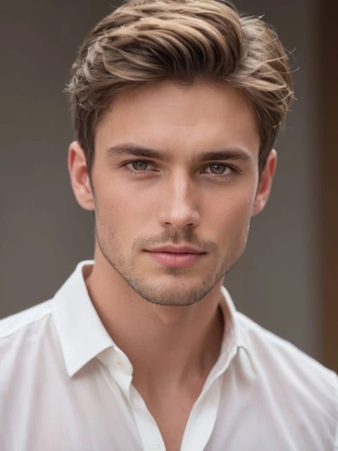 Portrait d'un homme aux cheveux blonds épais et ondulés en chemise blanche, souriant à la caméra. Modèle pour l'échange de visage d'image.