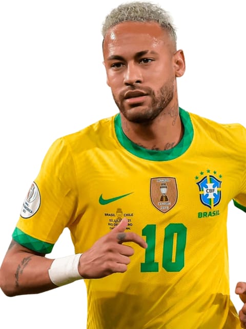 Portrait de Neymar Jr. aux cheveux blonds décolorés et au visage en barbe, portant le maillot jaune du Brésil. Il est dans une pose de course, sur un fond blanc uni.