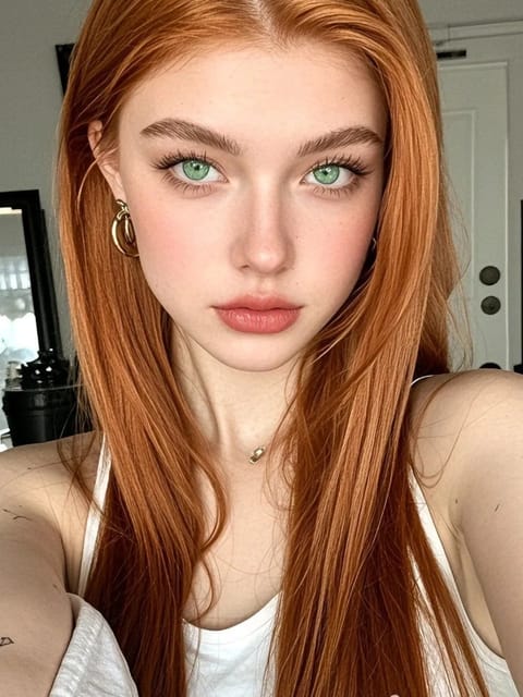 Selfie d'une femme rousse aux yeux verts posant dans une scène intérieure. Modèle pour l'échange de visage d'image.