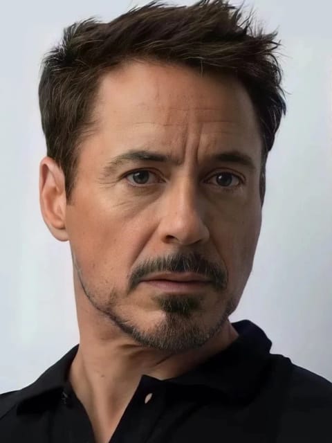 Gros plan de Robert Downey Jr. avec des cheveux noirs courts et en désordre striés de gris, une barbiche taillée et une moustache aux tons poivre et sel. Il porte une chemise à col noir avec une patte partiellement déboutonnée et regarde directement la caméra sur un fond blanc uni. Modèle pour l'échange de visage d'image.