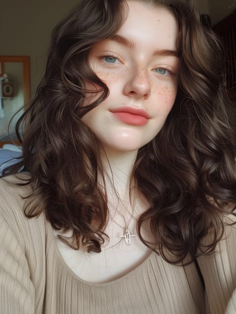 Selfie d'une femme aux cheveux bruns bouclés en haut kaki, souriant à la caméra. Modèle pour l'échange de visage d'image.