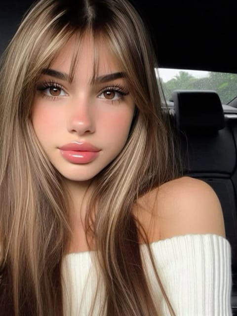 Selfie d'une femme aux cheveux bruns raides avec une teinte blonde dans un pull blanc à épaules dénudées, posant dans une voiture. Modèle pour l'échange de visage d'image.