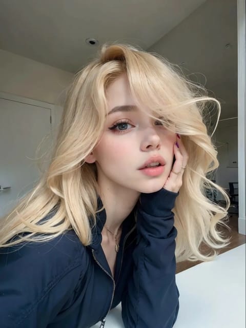 Selfie d'une femme aux cheveux blonds ondulés en blazer bleu foncé posant dans une scène intérieure. Modèle pour l'échange de visage d'image.