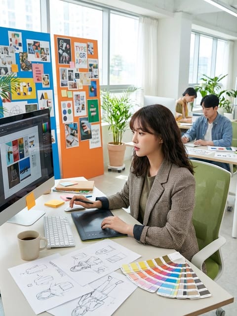 Wygenerowany przez sztuczną inteligencję obraz projektantki graficznej pracującej na tablecie cyfrowym przy biurku ze szkicami i próbkami kolorów w jasnym biurze. Szablon generatora postaci South Park.