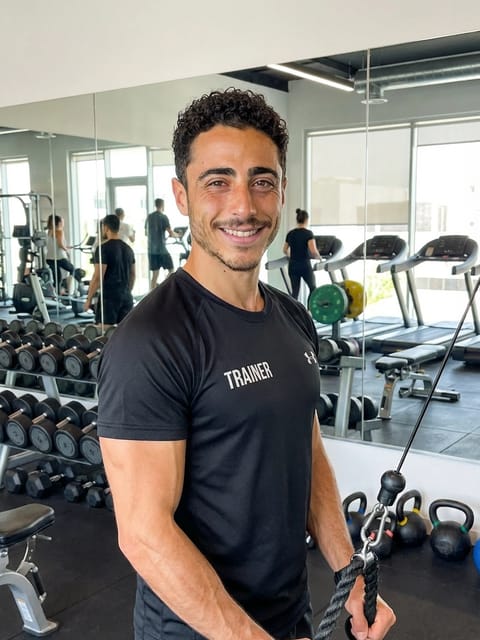Wygenerowany przez sztuczną inteligencję obraz trenera fitness w czarnej koszuli ćwiczącego ze sprzętem kablowym w dobrze oświetlonej siłowni. Szablon generatora postaci South Park.