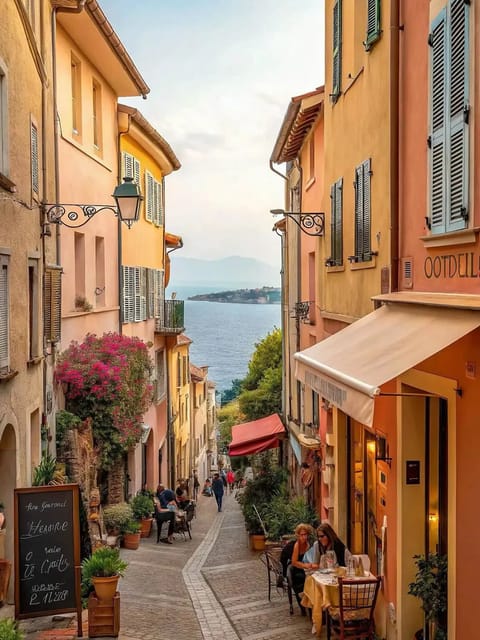 Rue pavée pittoresque d'une ville de la Côte d'Azur, bordée de bâtiments aux couleurs pastel et menant à une vue imprenable sur la mer. Modèle pour le filtre Stranger Things.