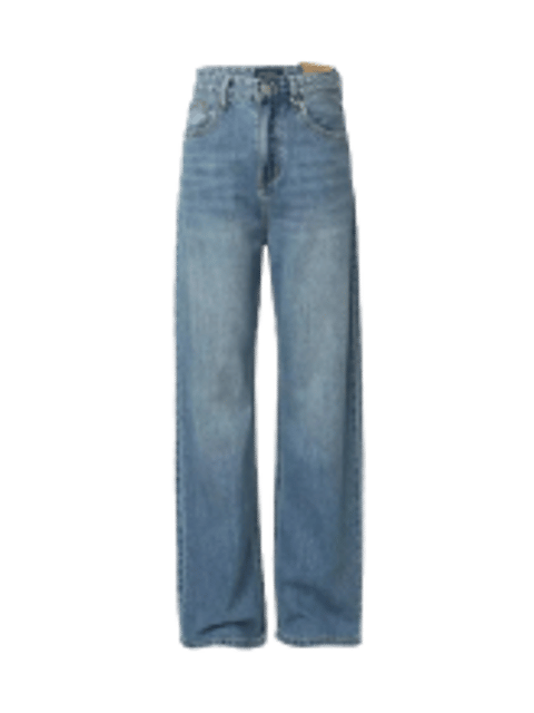 Et par blå jeans med rette ben, mal for bytte av AI-klær.